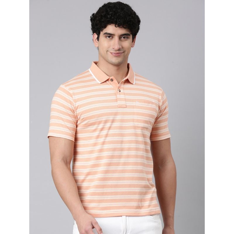 Classic Polo Men Orange Polo Neck Authentic Fit Striped Cotton Blend T-Shirt (M)