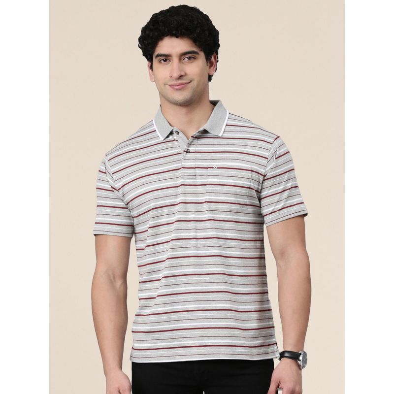 Classic Polo Men Grey/Maroon Polo Neck Authentic Fit Striped Cotton Blend T-Shirt (M)