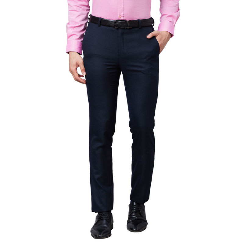 Raymond Slim Fit Self Design Dark Blue Trousers (30)