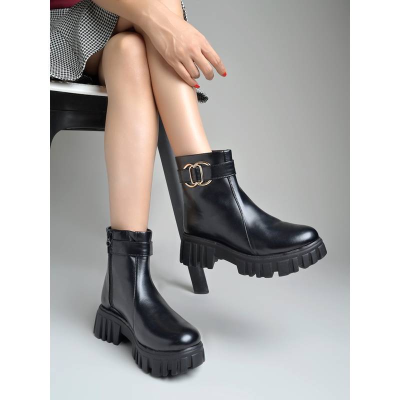 Shoetopia Women Black Buckled Casual Boots (EURO 36)
