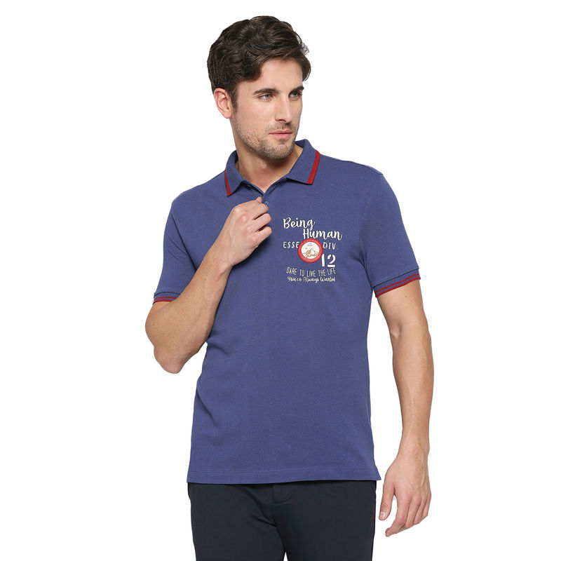 Being Human Men Half Sleeves Blue Printed Polo T-Shirt (S)
