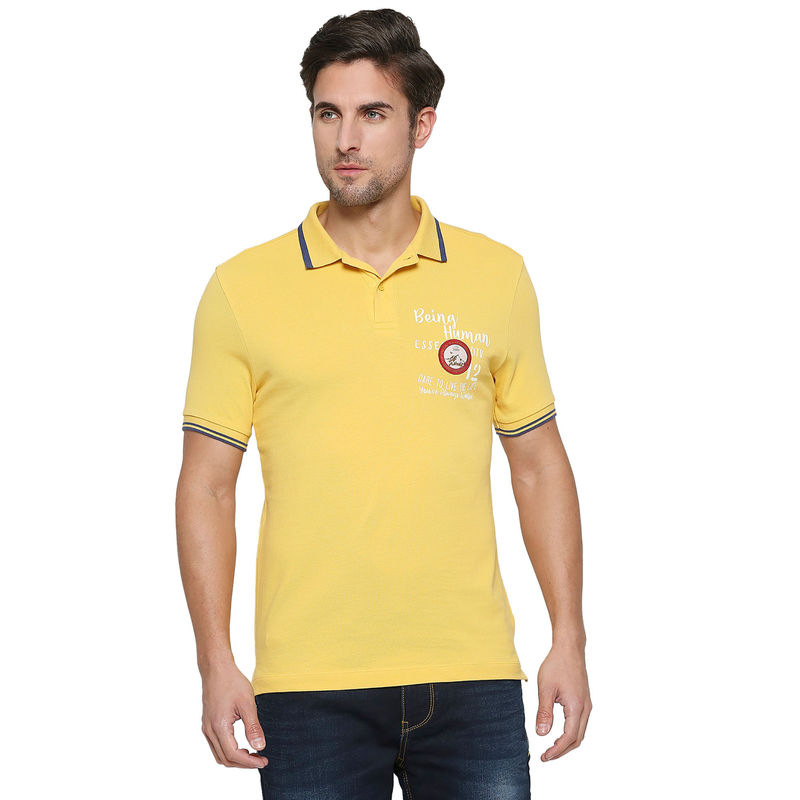 Being Human Men Half Sleeves Yellow Printed Polo T-Shirt (S)