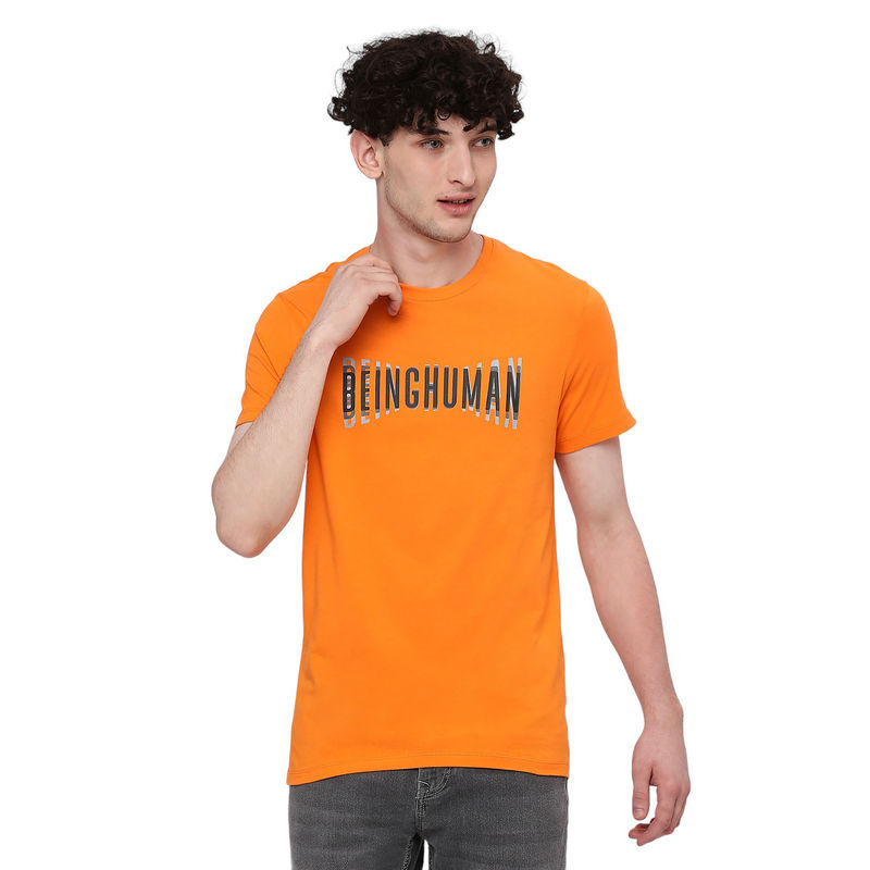 Being Human Men Half Sleeves Orange Typography T-Shirt (M)