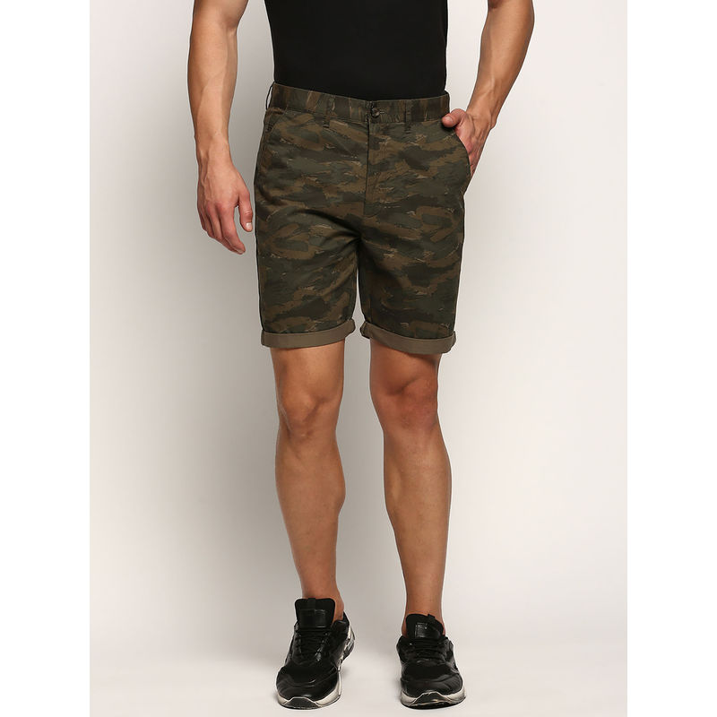 SHOWOFF Mens Mid-Rise Above Knee Printed Olive Cotton Short (34)