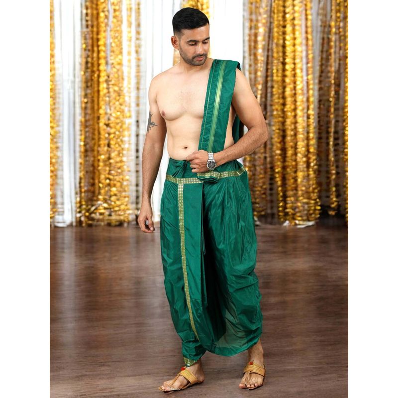 TATTVA Mens Green Toned Ethnic Dhoti with Angavastram (Shalya) (Set of 2) (42)