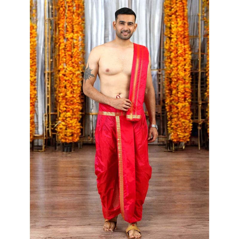 TATTVA Mens Red Toned Ethnic Dhoti with Angavastram (Shalya) (Set of 2) (36)