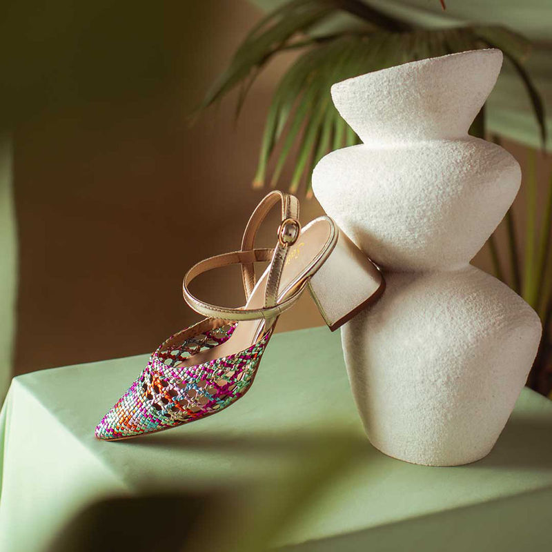 Saint G Multi Metallic Woven Leather Block Heel Sandals (UK 6)