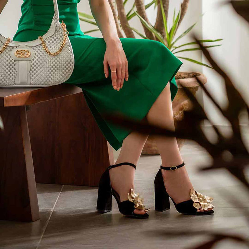 Saint G Gold Flower Embellished Black Leather Block Heel (UK 3)