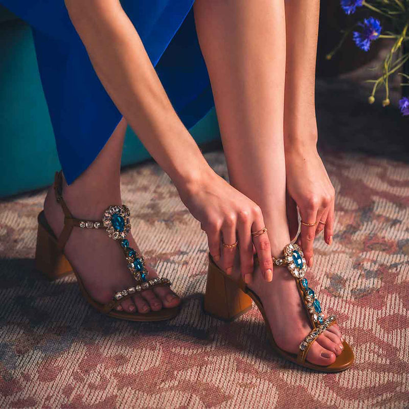 Saint G Transparent & Blue Stone Embellished Cuoio Leather Block Heels (UK 6)
