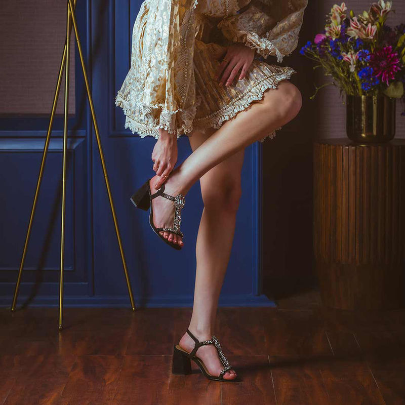 Saint G Transparent Stone Embellished Black Suede Leather Block Heels (UK 3)