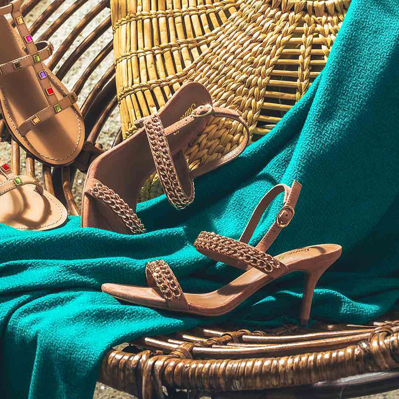 Saint G Gold Chain Sand Suede Leather Stilettos (UK 8)