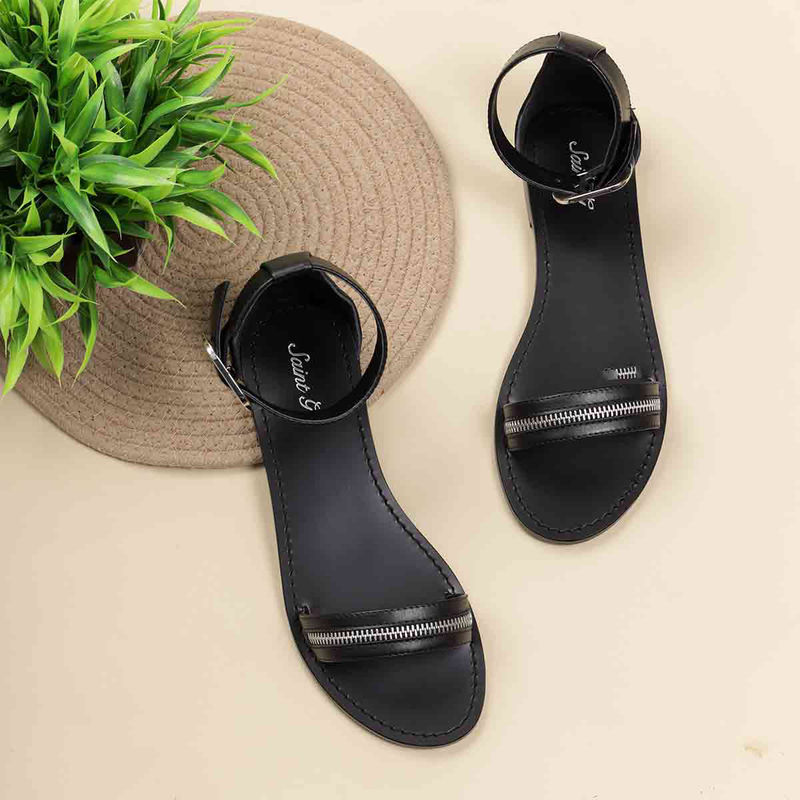 Saint G Zip Decor Black Leather Flats (UK 7)