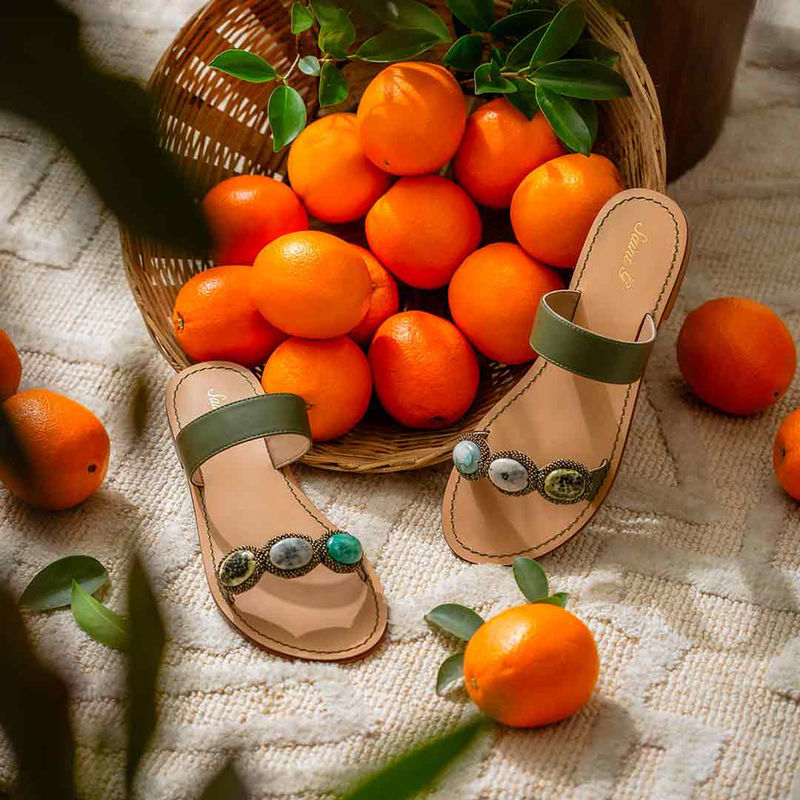 Saint G Multi Stone Adorned Olive Leather Flats (UK 3)