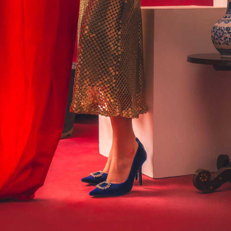 Saint G Wren Square Stones Blue Velvet Pumps (UK 4)