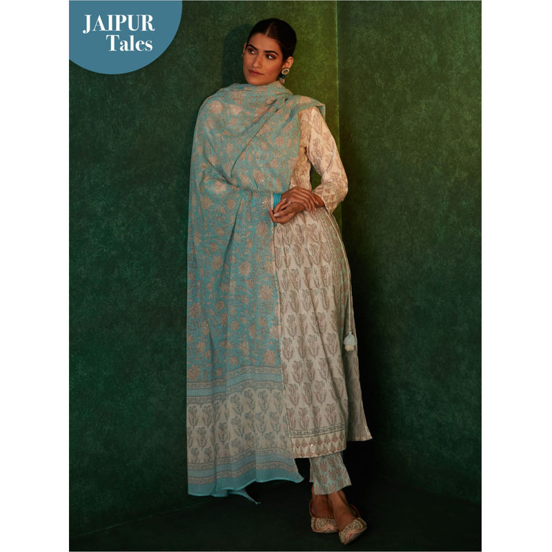 Likha Inayat Turquoise Jaipuri Printed Naira Cut Kurta Pant & Dupatta LIKSKD134 (Set of 3) (XL)