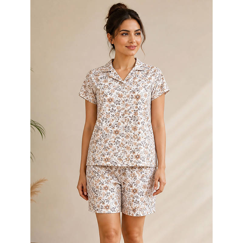 Clovia Cotton Print Me Pretty Button-Down Shirt and Shorts (M)