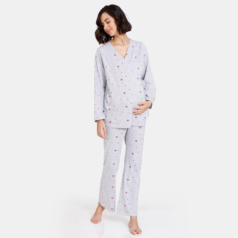 Zivame Maternity Knit Poly Pyjama Set - Mgrey Melange - Grey (Pack of 2) (M)