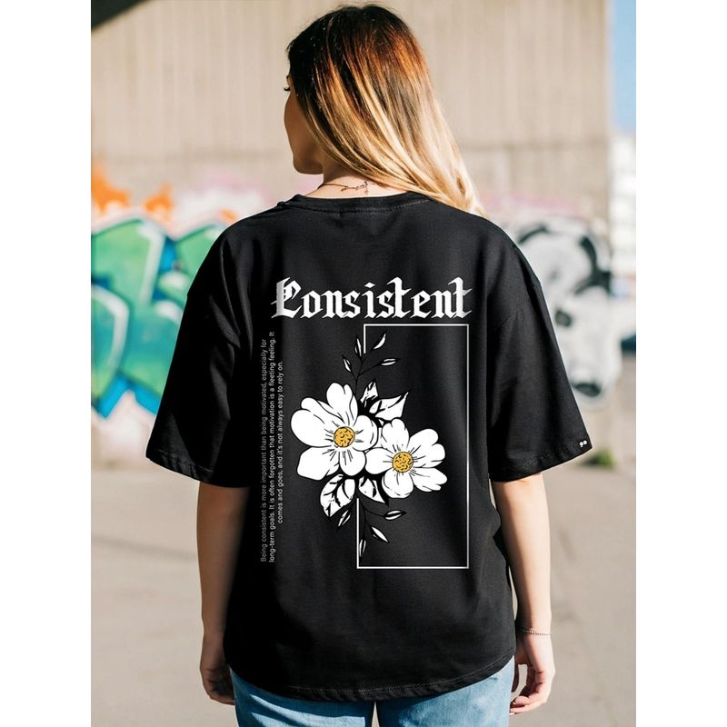 Bewakoof Women's Black Consistent Graphic Printed Oversized T-shirt (2XL)