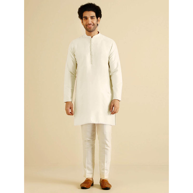 KISAH Men Off White Kurta with Trouser (Set of 2) (S)