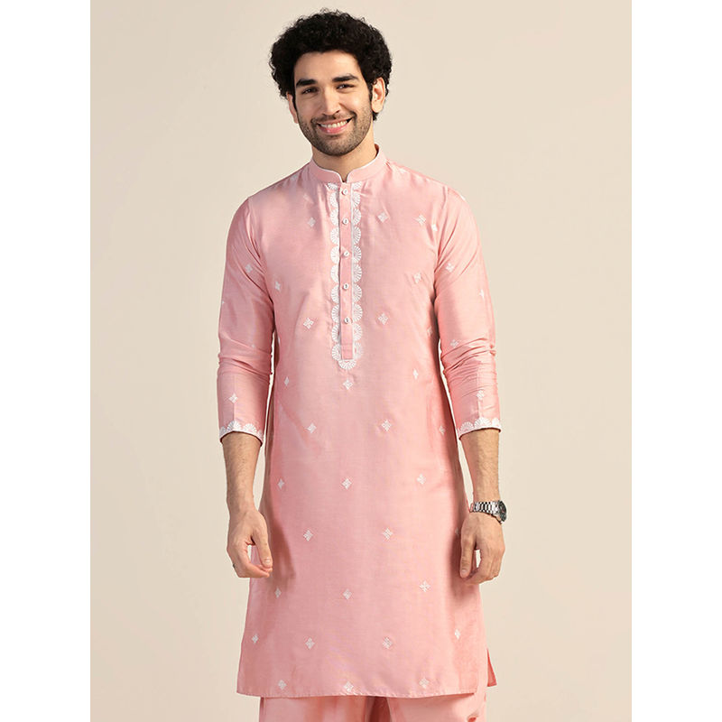 KISAH Men Pink Thread Embroidery Cotton Blend Kurta with Zari Design (S)