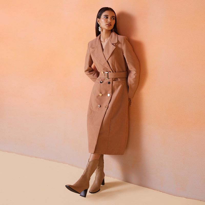 RSVP by Nykaa Fashion Beige Solid Double Breasted Long Overcoat (S)