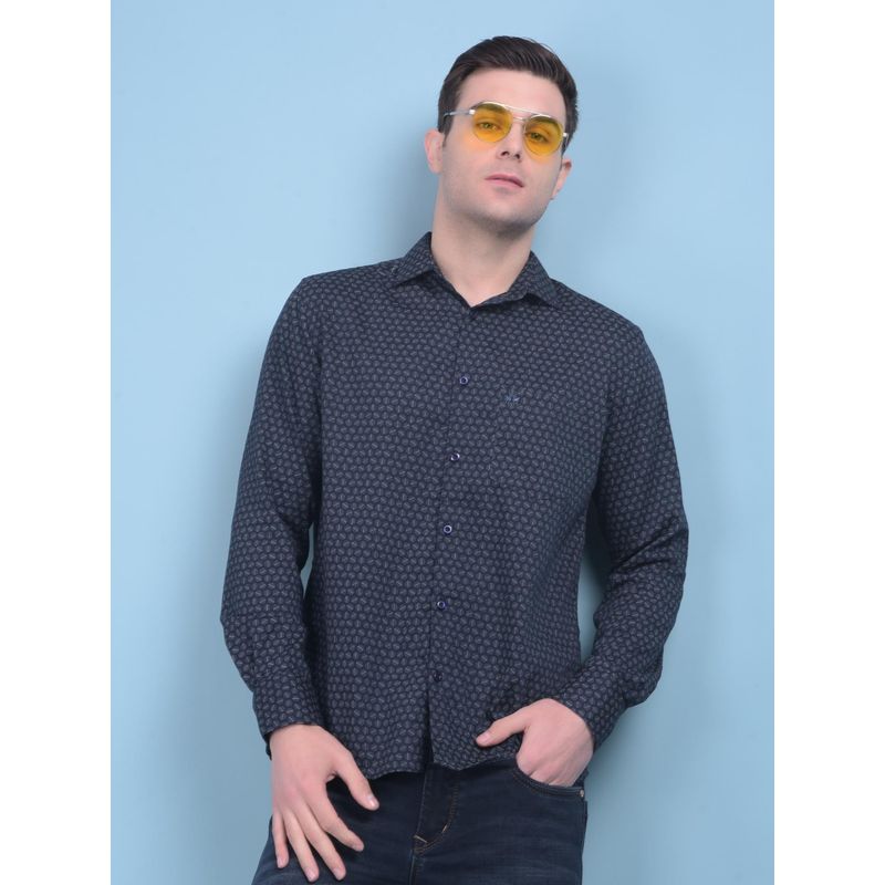 CRIMSOUNE CLUB Mens Printed Navy Blue Stretchable Shirt (S)