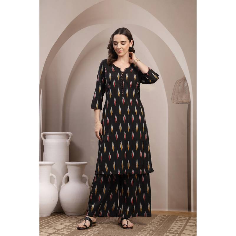 Zelena Black Ikat Print Maternity Kurta Set (M)