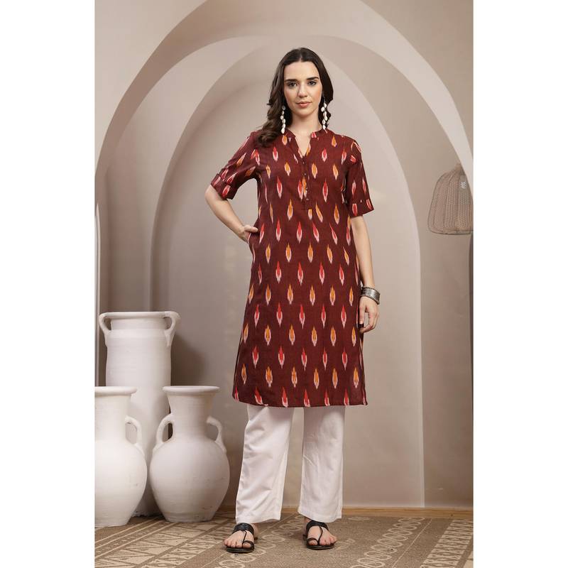 Zelena Maroon Ikat Print Maternity Kurta (M)