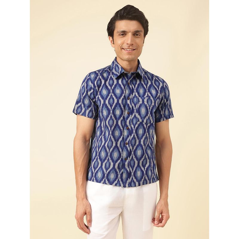 Fabindia Blue Cotton Ikat Woven Regular Shirt (XS)