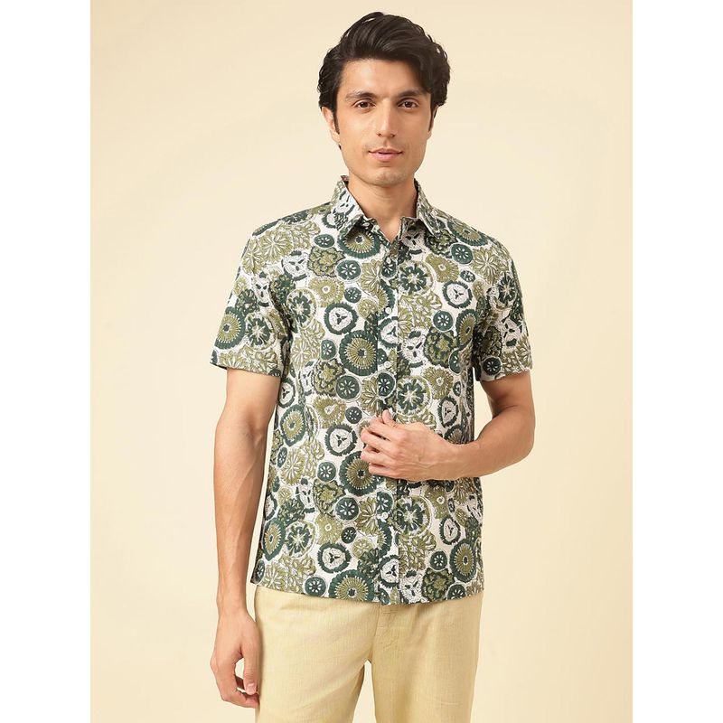 Fabindia Green Cotton Hand Block Printed Regular Shirt (M)