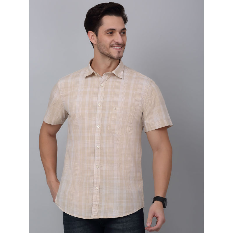 Cantabil Men Beige Checkered Half Sleeve Shirt (40)