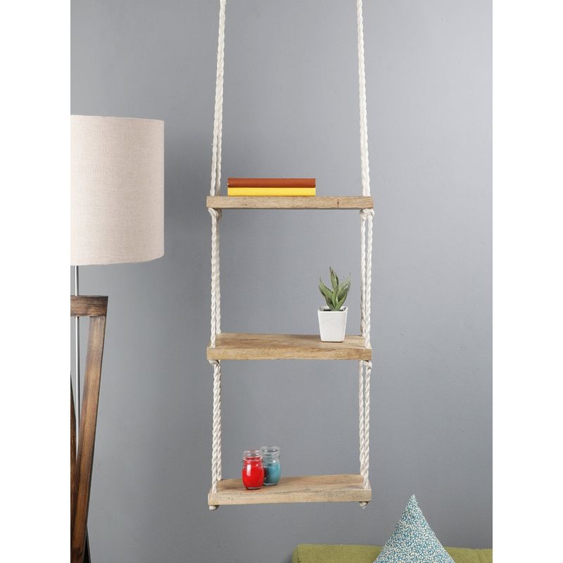 The Decor Mart Wooden Wall Hanging Planter Shelf with Macrame Rope (3