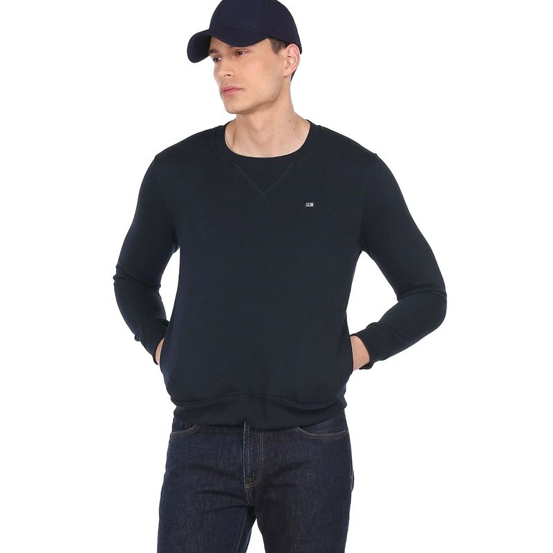 Arrow Sports Men Navy Blue Solid Crew Neck Sweatshirt (XL)