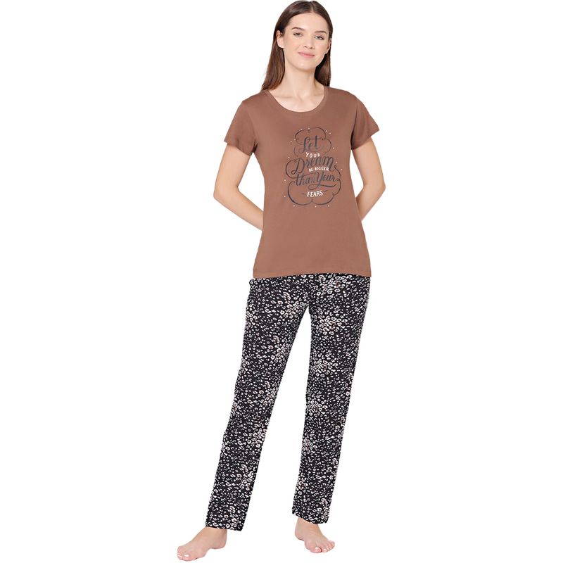 Bodycare Womens Combed Cotton T-Shirt & Pyjama BSLS11013 Brown (Set of 2) (M)