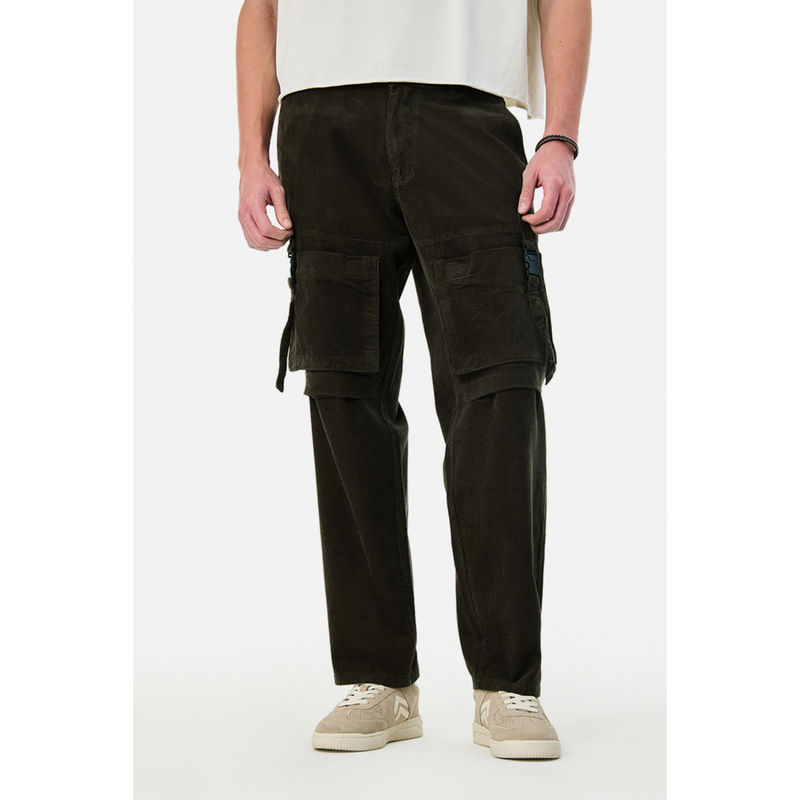 Snitch Olive Corduroy Relaxed Casual Cargo Pants for Men (32)