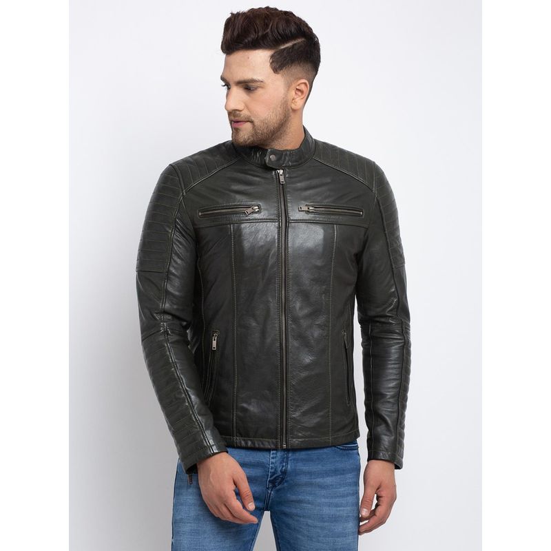 Teakwood Men Olive Solid Lightweight Genuine Leather Jacket (S)