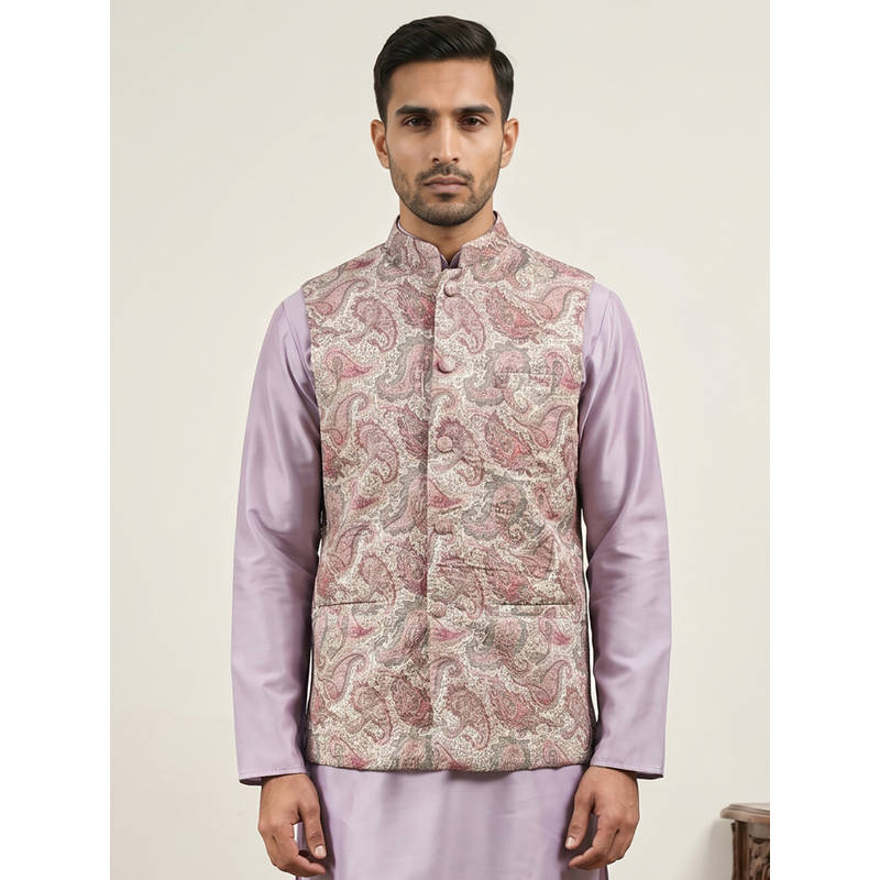 Jompers Men Pink Paisley Printed Cotton Blend Nehru Jacket (XL)