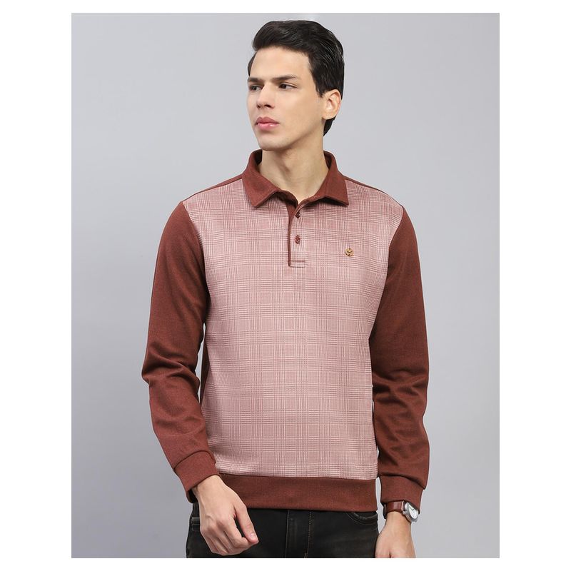Monte Carlo Mens Checks Rust Collared Neck Full Sleeve Sweatshirt (3XL)