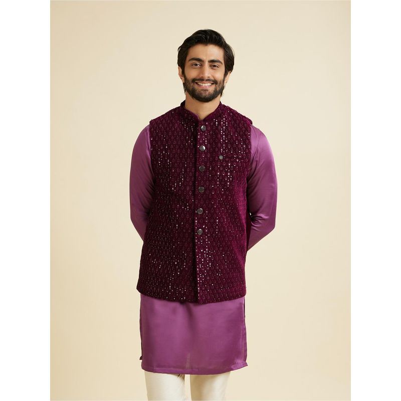 Manyavar Wine Velvet Majesty Nehru Jacket for Men (M)