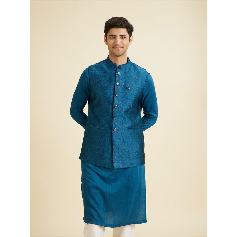 Manyavar Teal Blue Glamour Nehru Jacket for Men (3XL)
