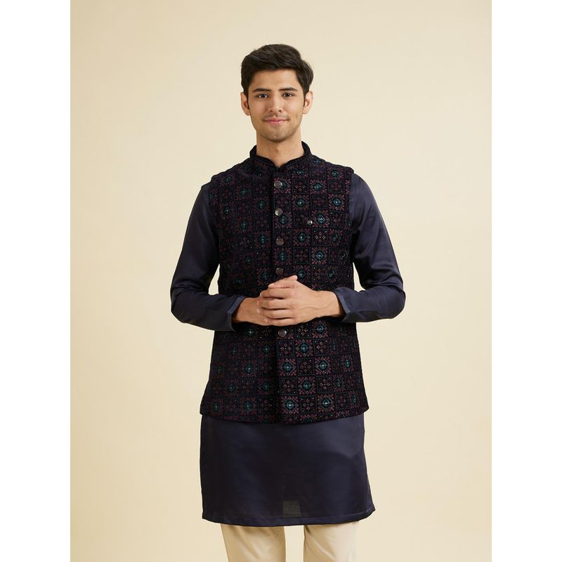Manyavar Dark Blue Velvet Nehru Jacket for Men (S)