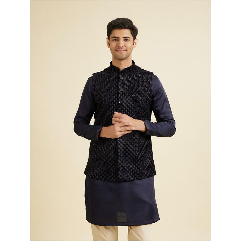 Manyavar Velvety Blue Elegance Nehru Jacket for Men (M)