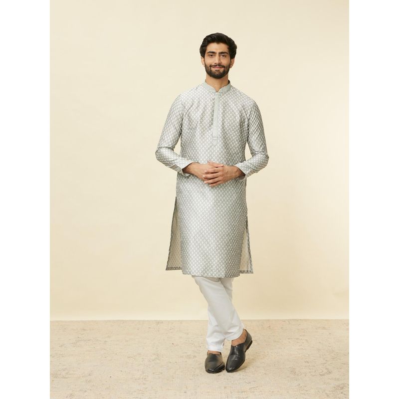 Manyavar Pearl River Grey Buta Patterned Kurta with Churidar for Men (3XL)