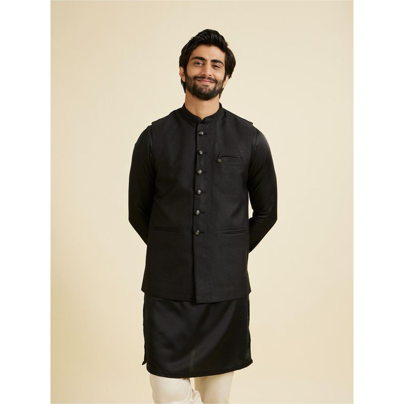 Manyavar Black Extravaganza Nehru Jacket for Men (M)