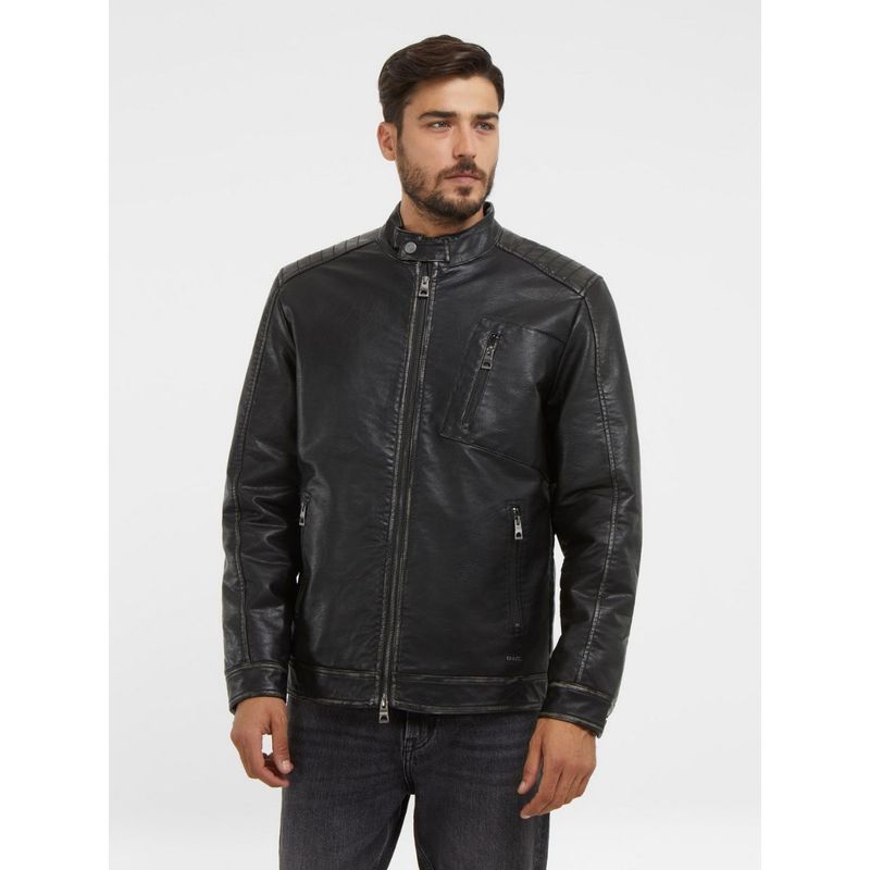 Buy Guess Black Polyurethane Solid Biker Jacket Online