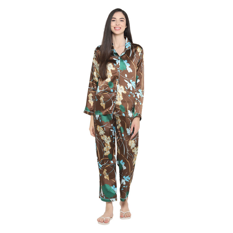 Shopbloom Big Flower Print Satin Long Sleeve Women'S Night Suit - Brown (XS)