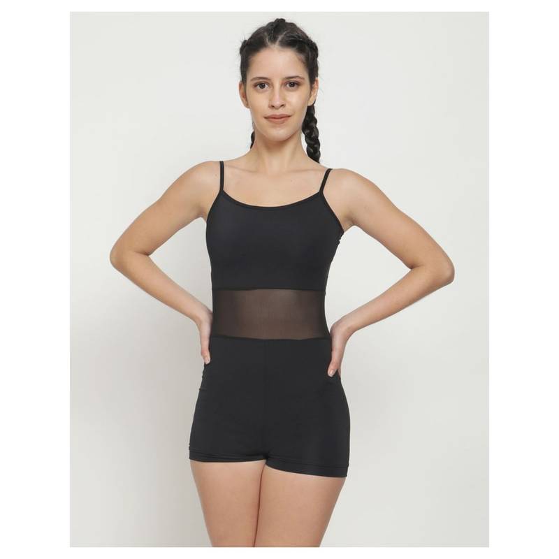 The Dance Bible Black Camisole Mesh Panel One-Piece Bodysuit (S)