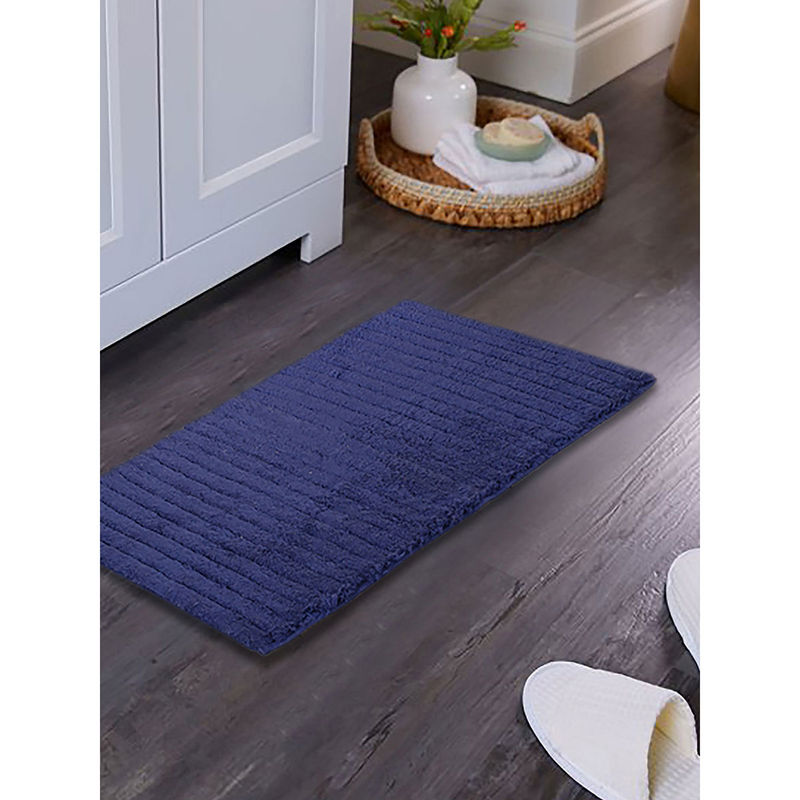 Maspar Colorart 1600 GSM Corded Stripe Navy Cotton Solid Bath Mat (Small)