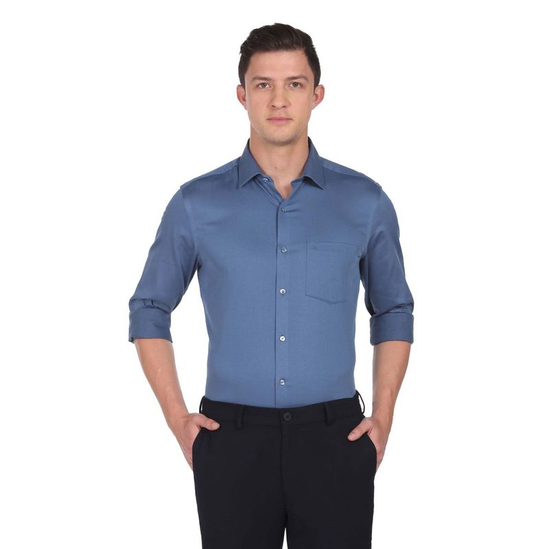 Buy Arrow Men Blue Spread Collar Oxford Weave Formal Shirt Online