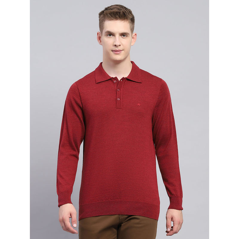 Monte Carlo Mens Solid Wine Collar Neck Full Sleeve T-Shirt (S)